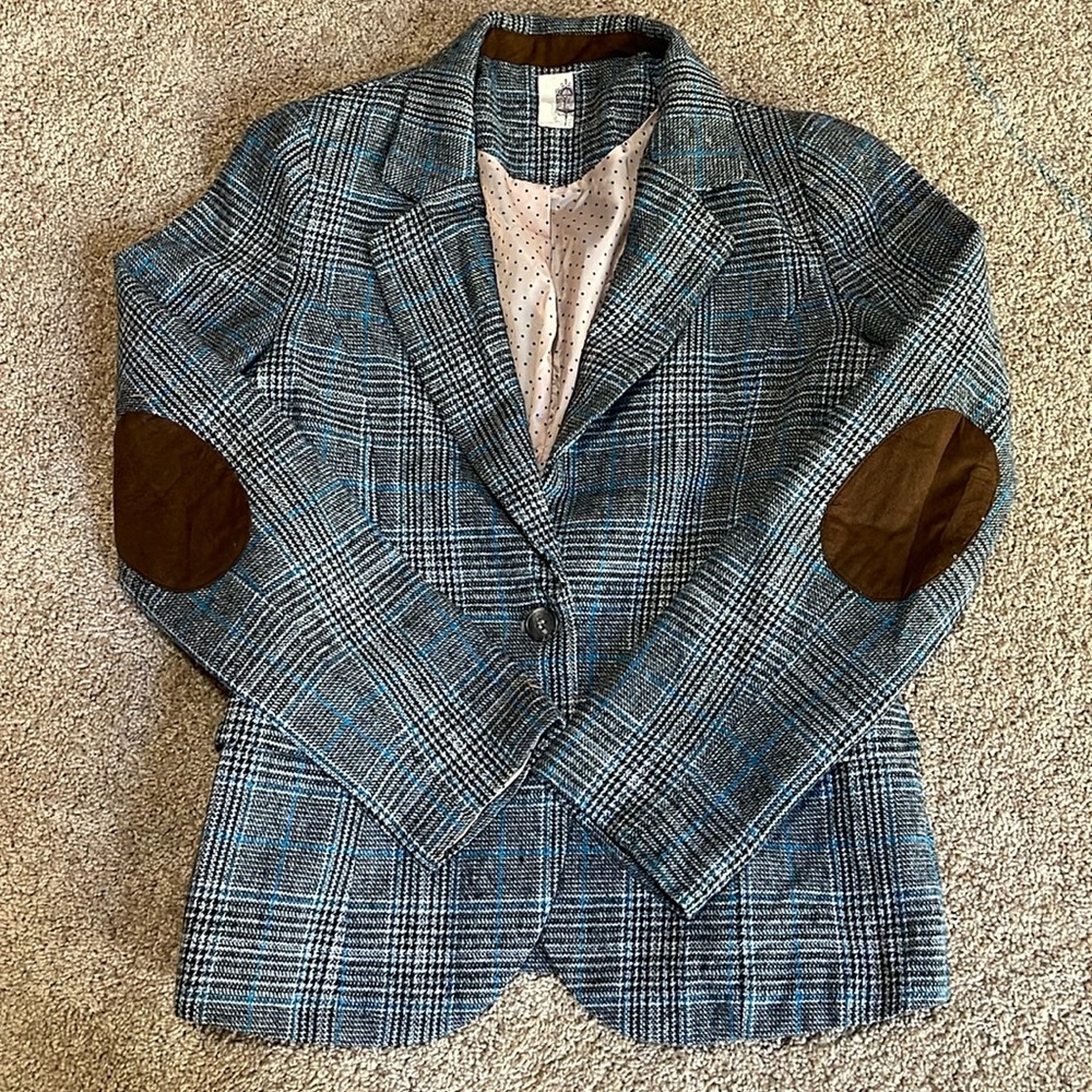 Anthropologie checkered blue black tweed blazer